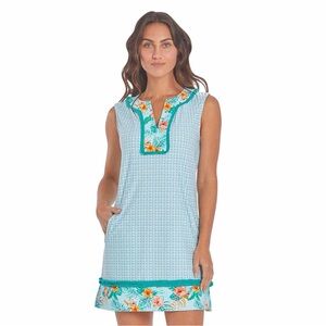 Cabana Life sleeveless fringe accent aqua print dress with pockets M